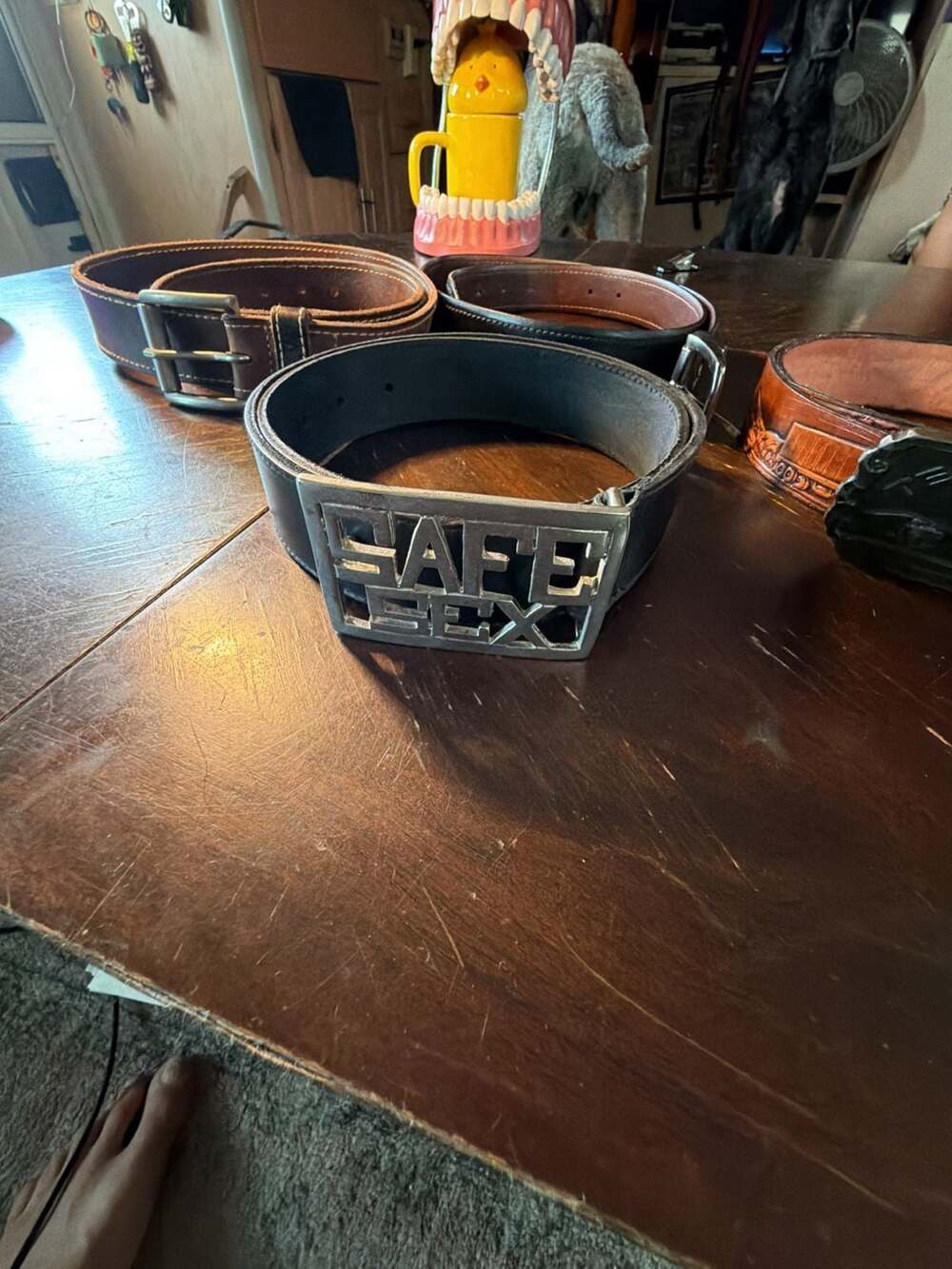 Vintage Safe Sex Leather Belt Size 34 Black Heavy Metal Buckle